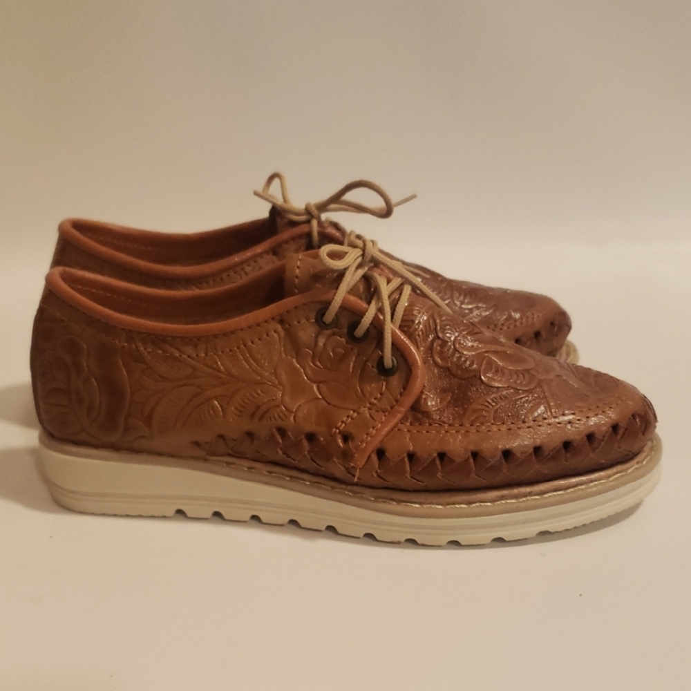 Brown and White Leather Flats with Perforated Design